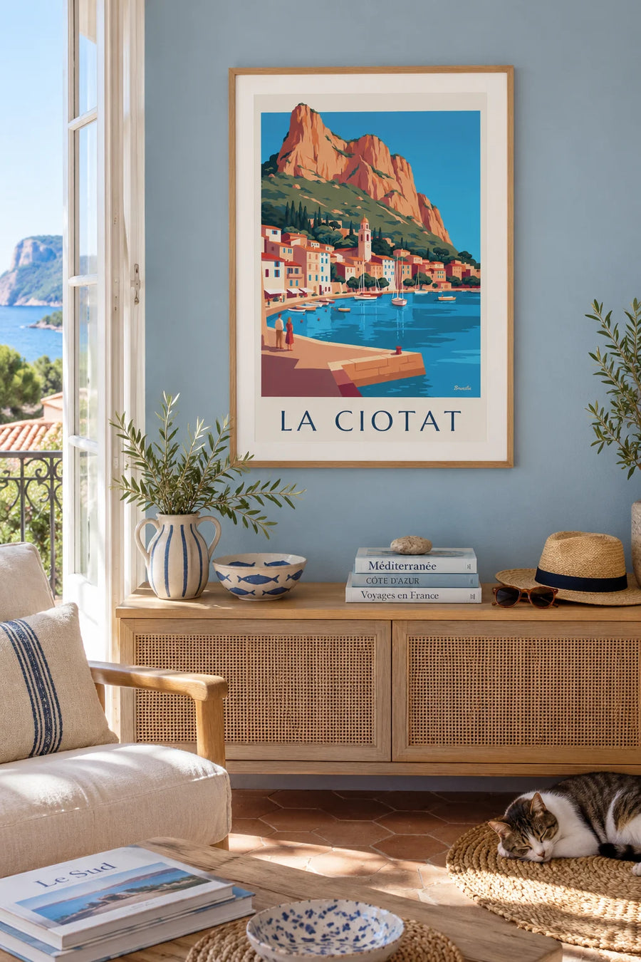 Poster of the old port, pines and sailboats of La Ciotat: framed on the wall