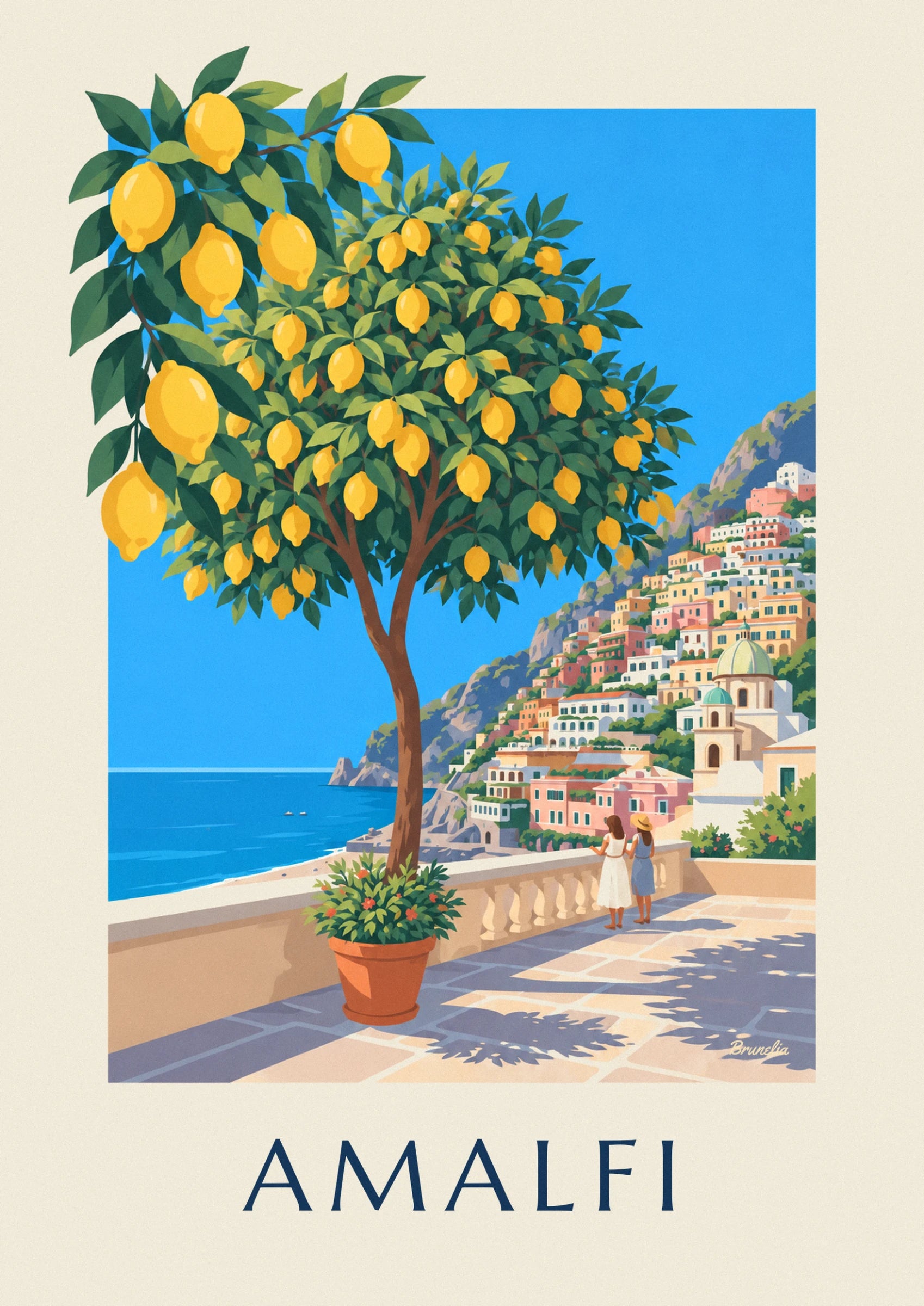 The ripe yellow lemons among their green leaves, against a blue sky