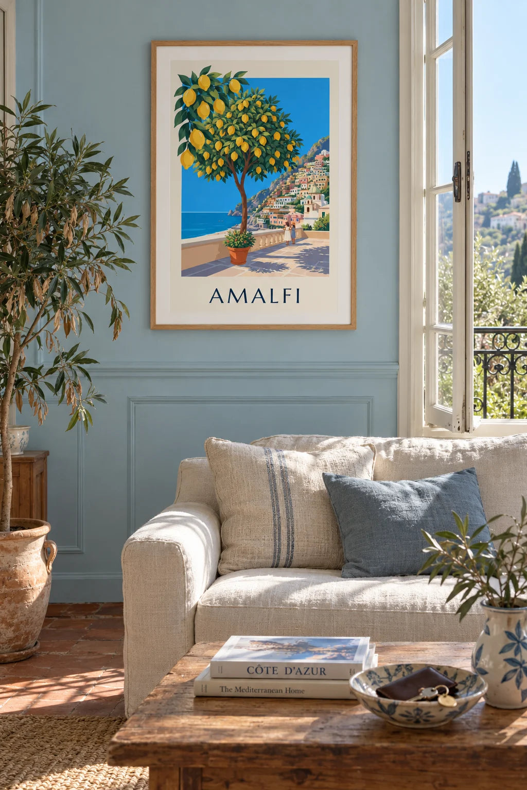 Mise en situation de Affiche citrons et village de la côte amalfitaine