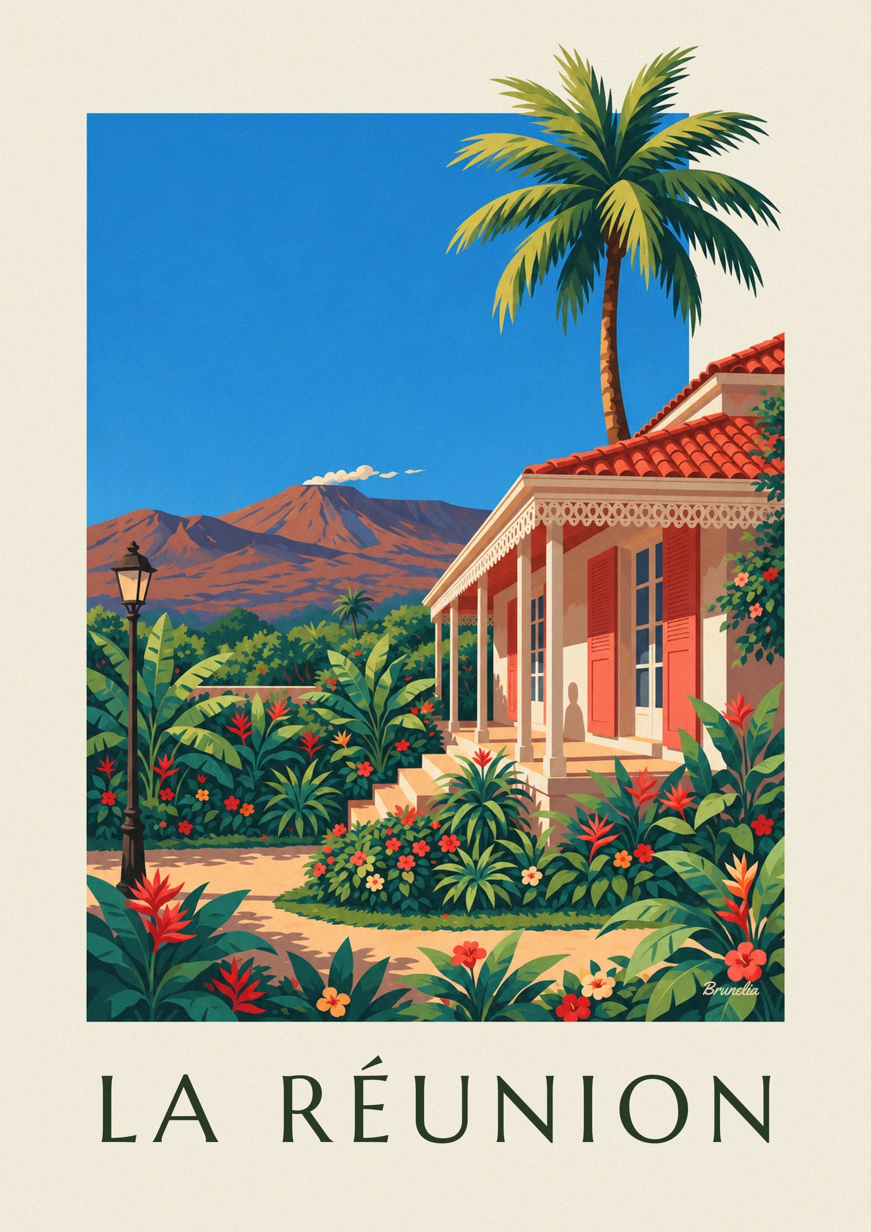 Affiche case créole et Piton de la Fournaise à La Réunion : détail en gros plan