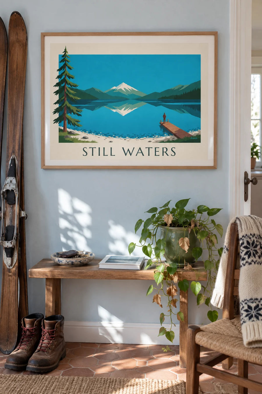 Affiche lac de montagne, forêts de sapins et ponton en bois : encadrée au mur