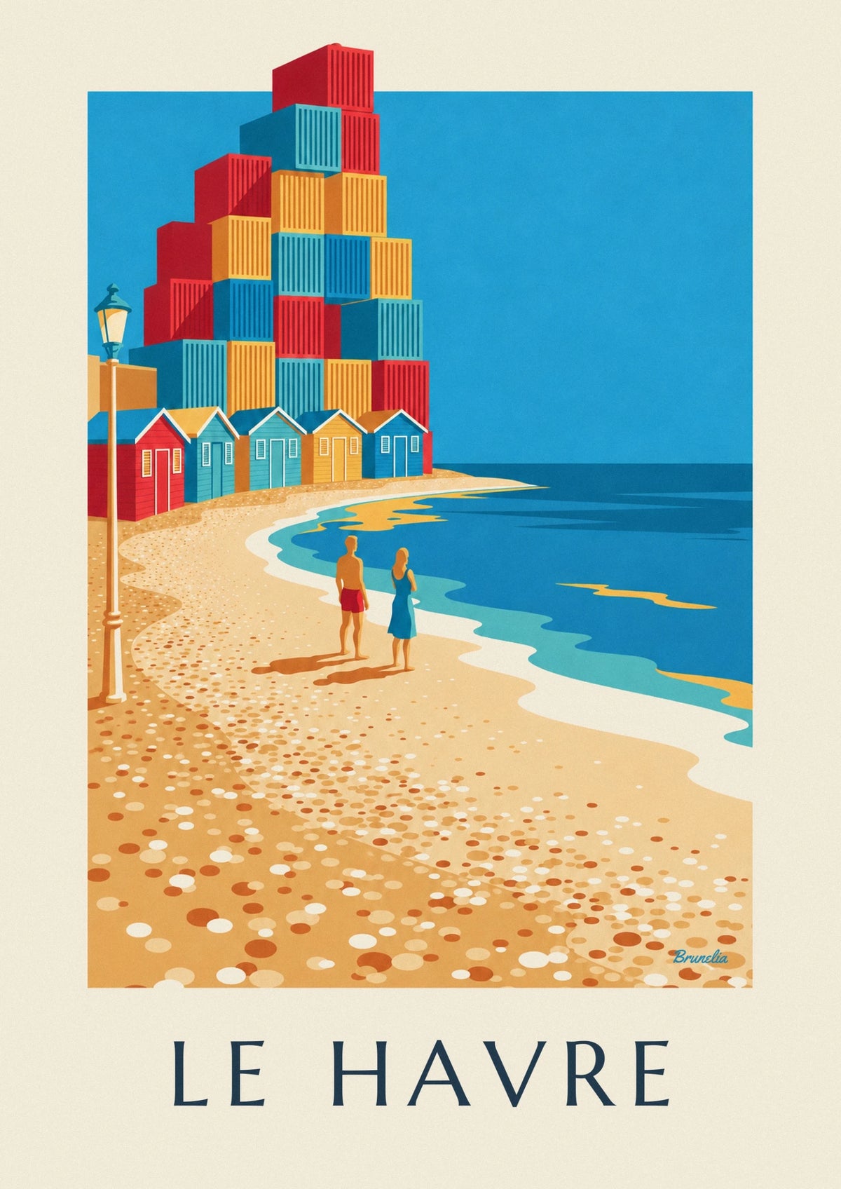 Poster Strandkabinen und Containerbogen in Le Havre