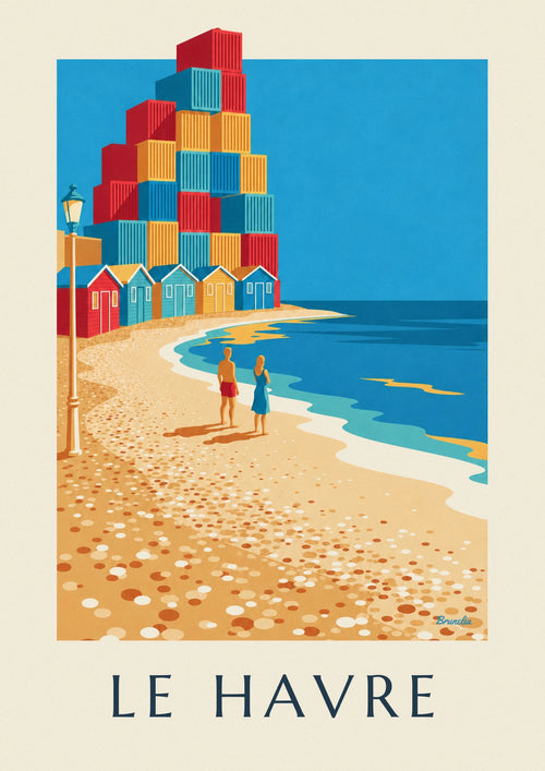 Poster mit Strandkabinen und Containerbogen von Le Havre: das ganze Poster