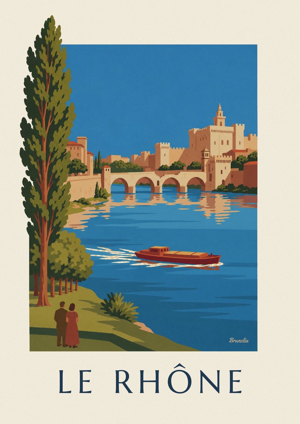 Affiche péniche sur le Rhône devant le pont d'Avignon
