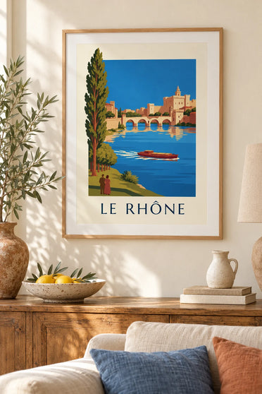 Affiche péniche sur le Rhône devant le pont d'Avignon : encadrée au mur