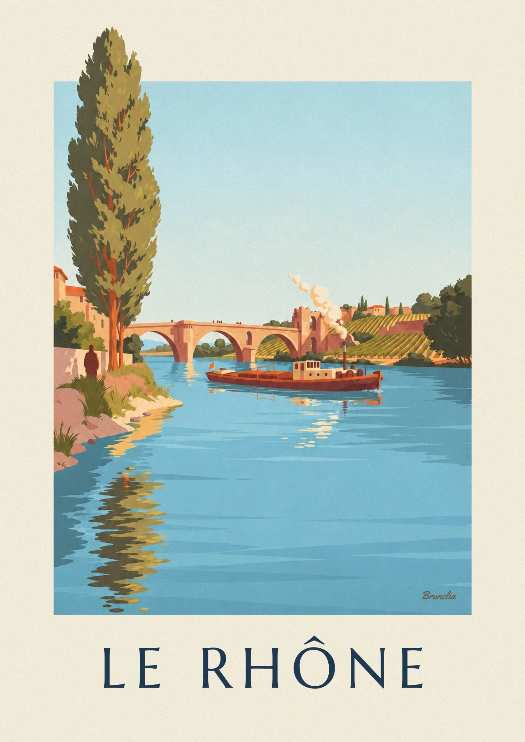 Der rote Frachtkahn mit rauchendem Schornstein auf der Rhône, vor der Pont d’Avignon