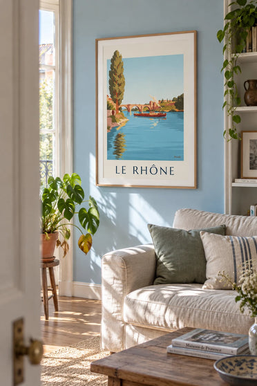 Poster of a barge on the Rhône in front of the Pont d’Avignon: framed on the wall