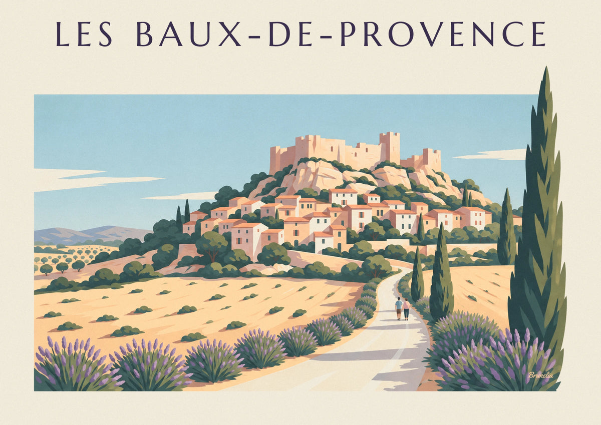 Poster Dorf Les Baux-de-Provence, Lavendel und Zypressen