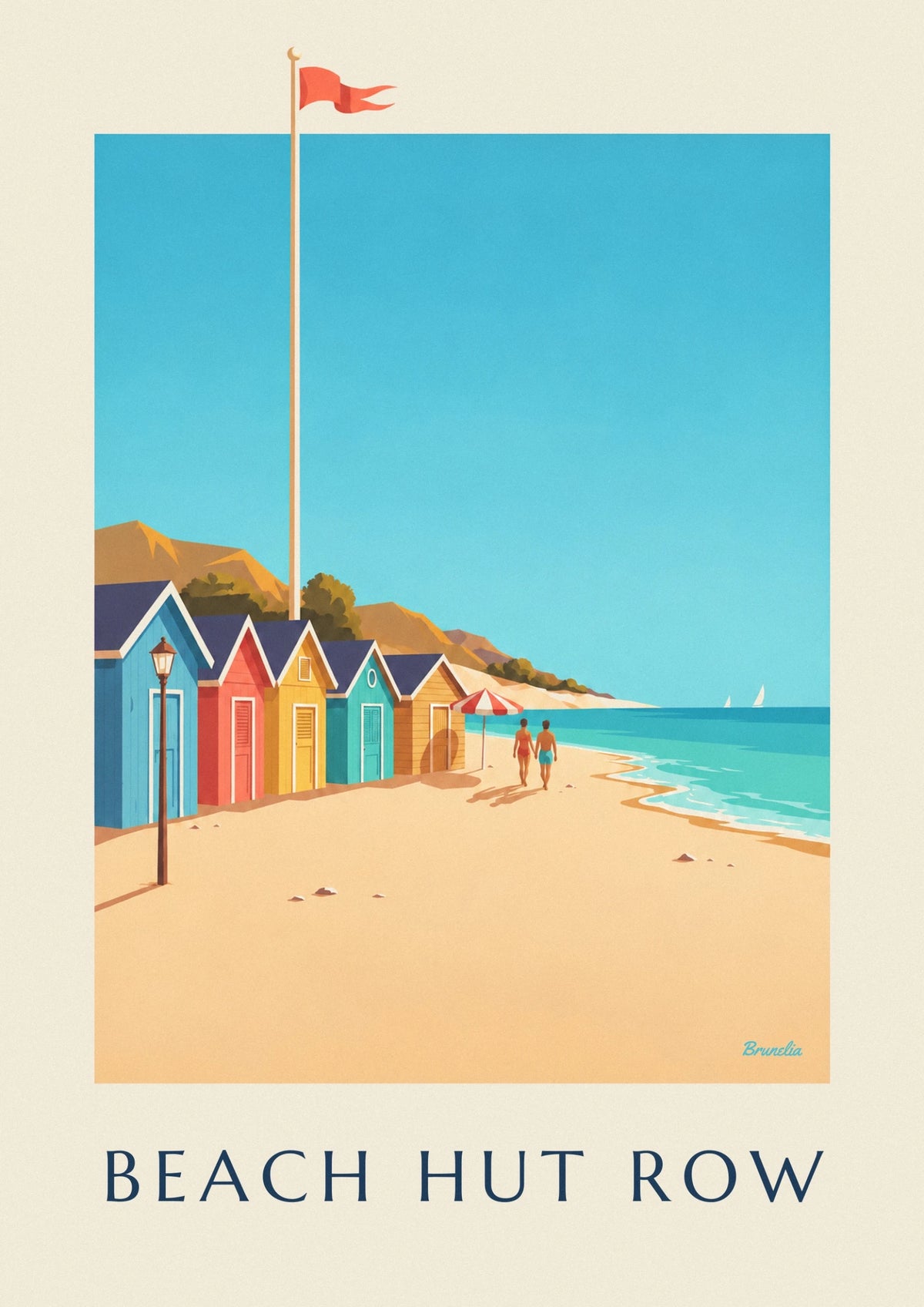 Poster Reihe bunter Strandhäuschen am Meer