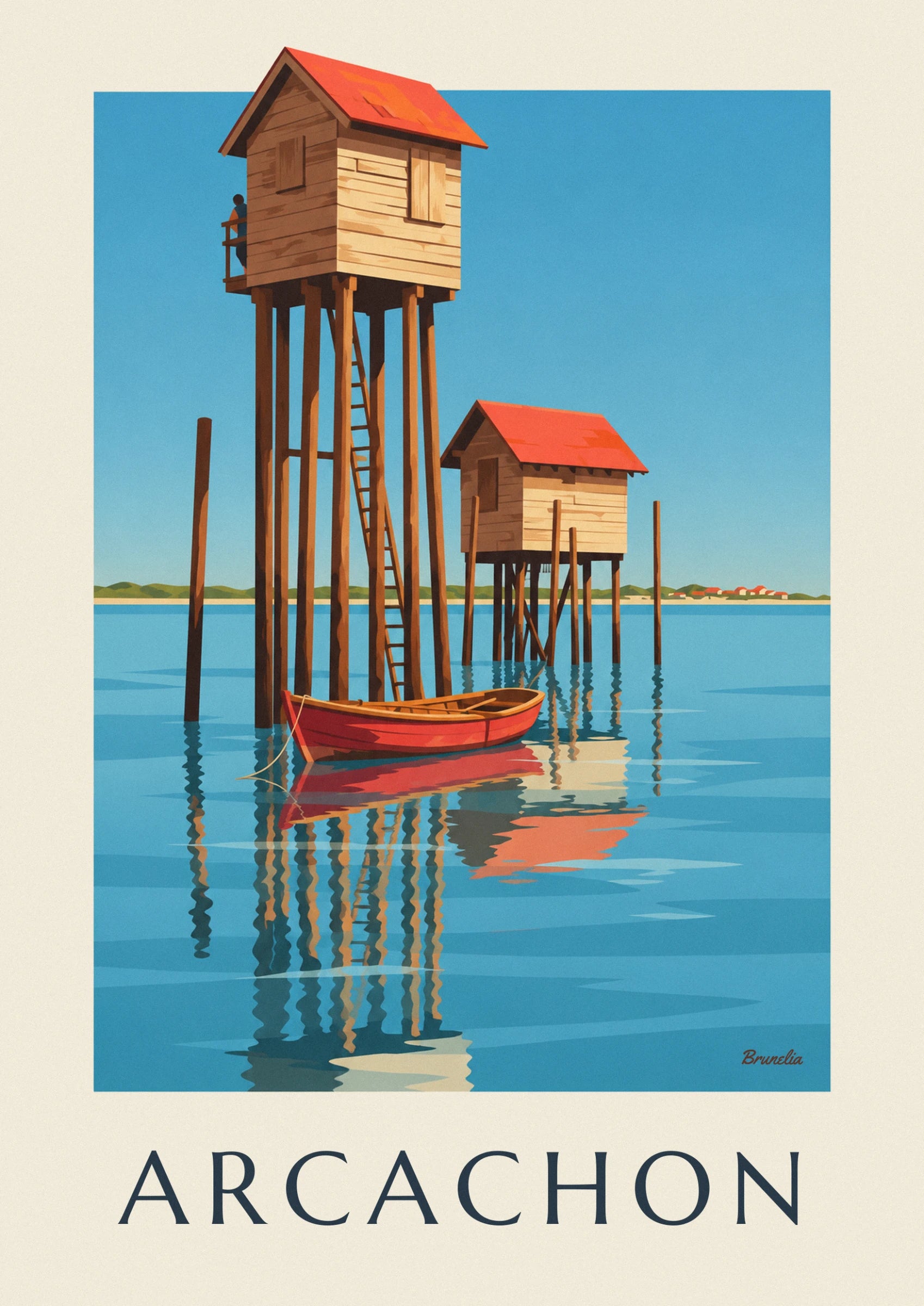 A red rowing boat moored between the stilts, its orange reflection in the blue water