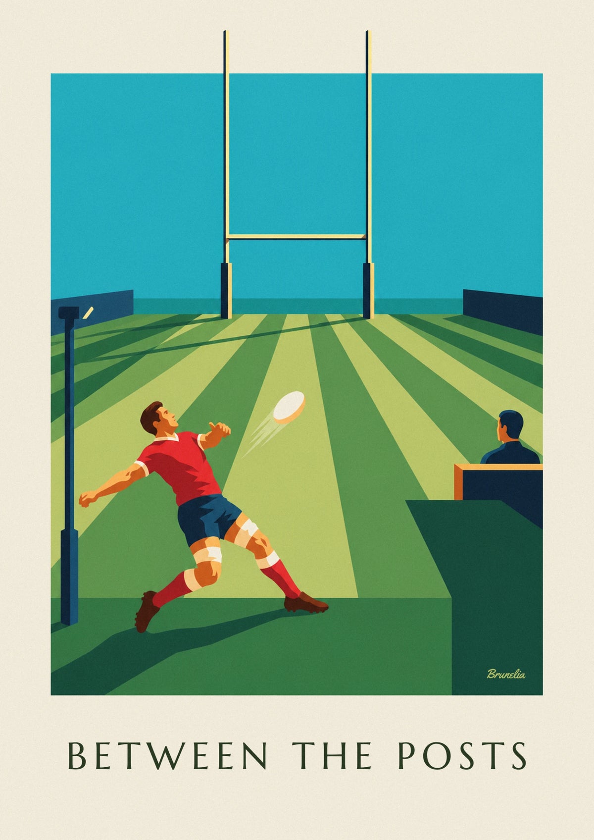 Poster Rugby-Kicker und Ball in Richtung der Stadionpfosten