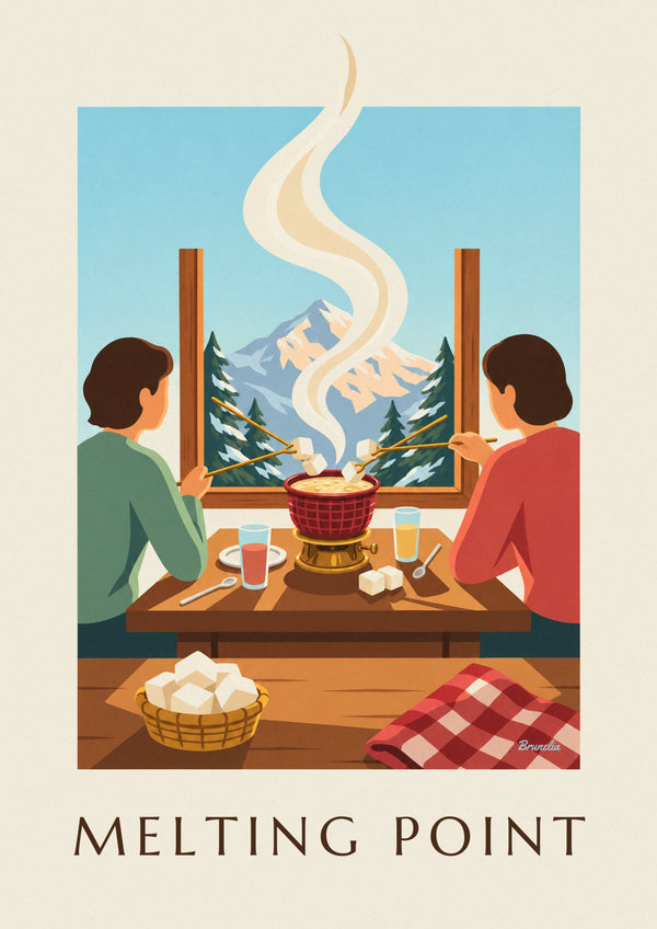 Affiche fondue savoyarde dans un chalet face à la montagne