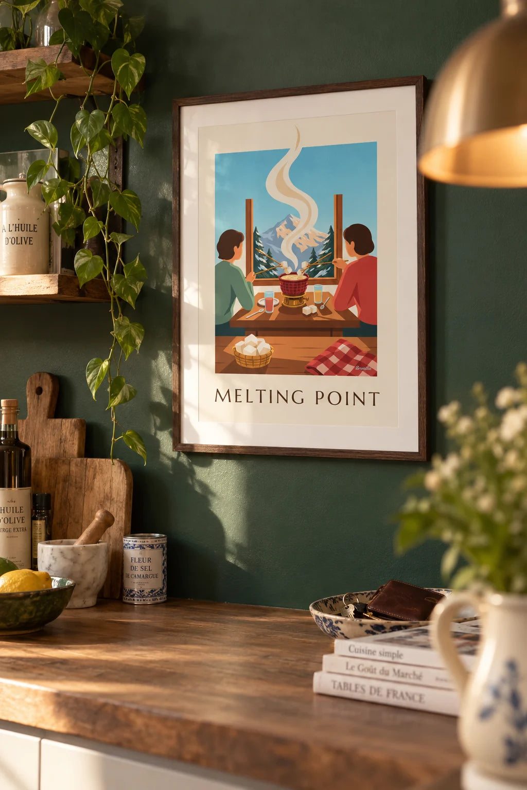 Mountain chalet Savoyard cheese fondue poster on the wall