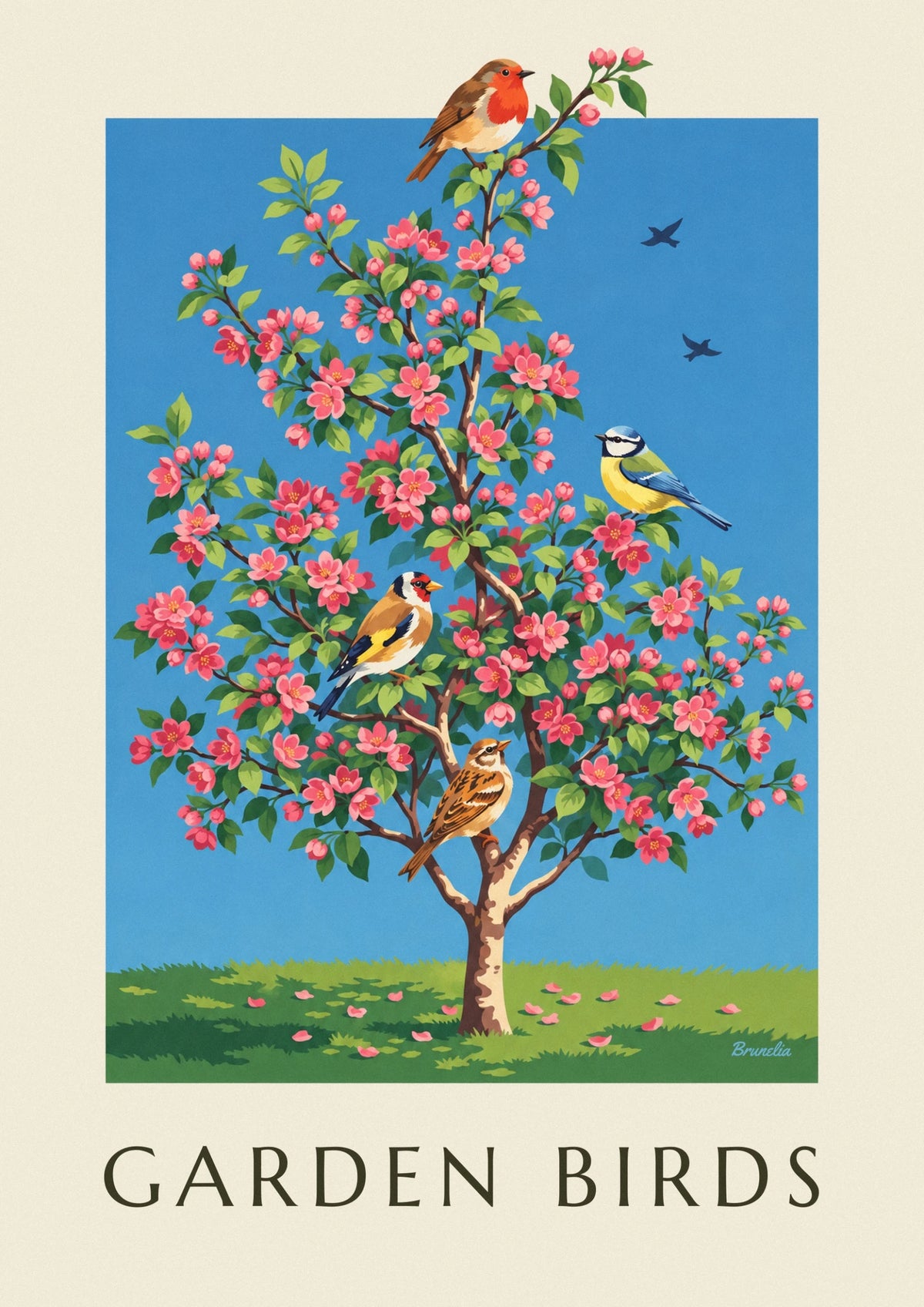 Poster Gartenvögel auf einem blühenden Apfelbaum