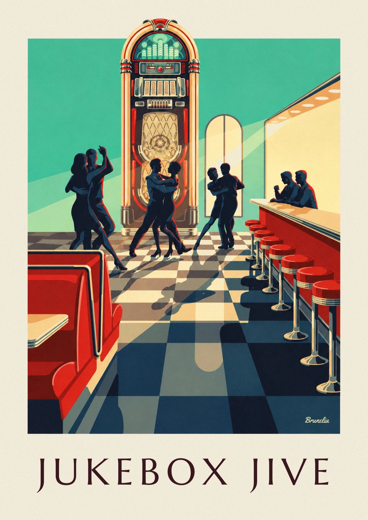 Poster Jukebox und Silhouetten von Rock-Tänzern