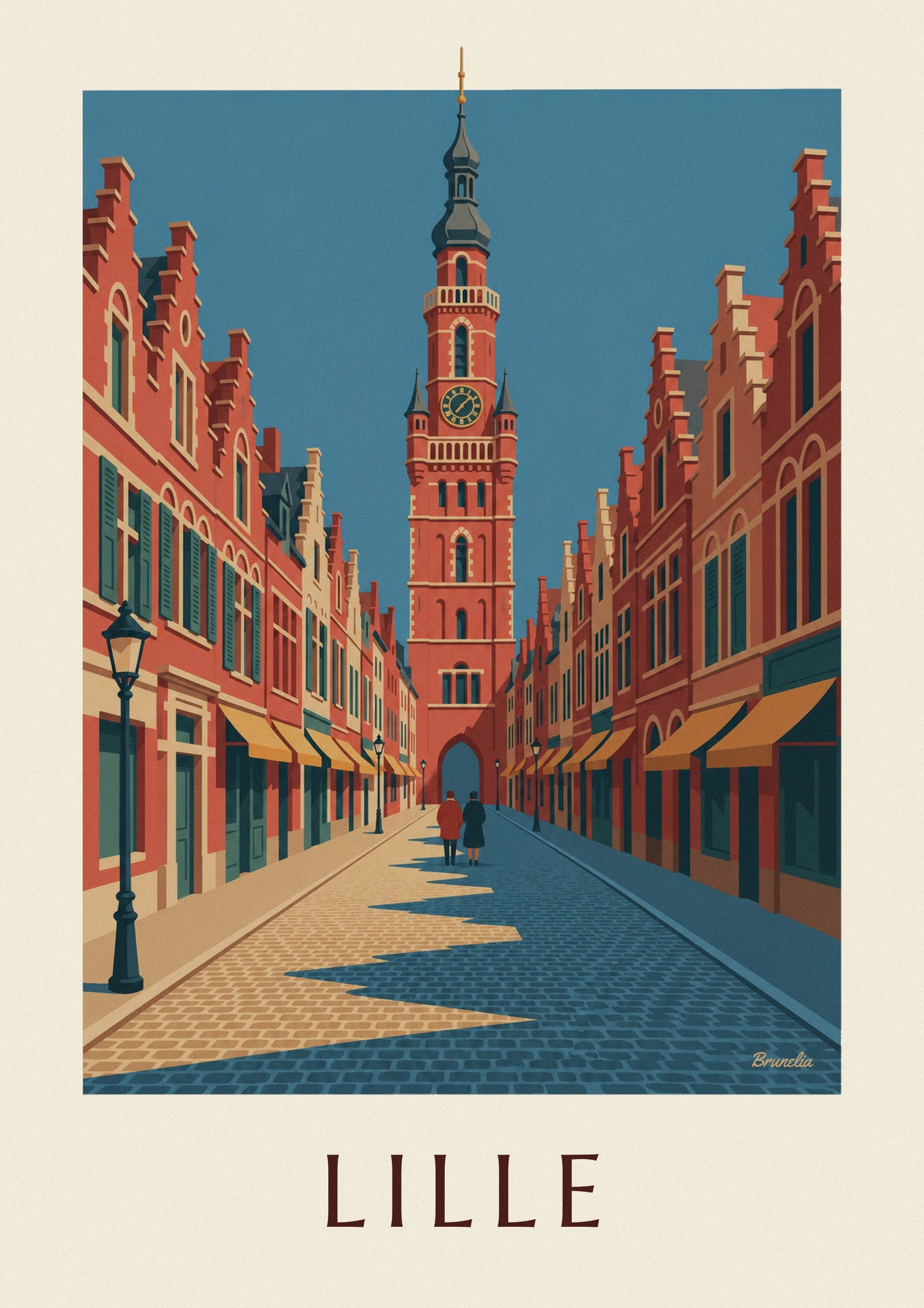 Affiche rue pavée et façades flamandes du Vieux-Lille : détail en gros plan