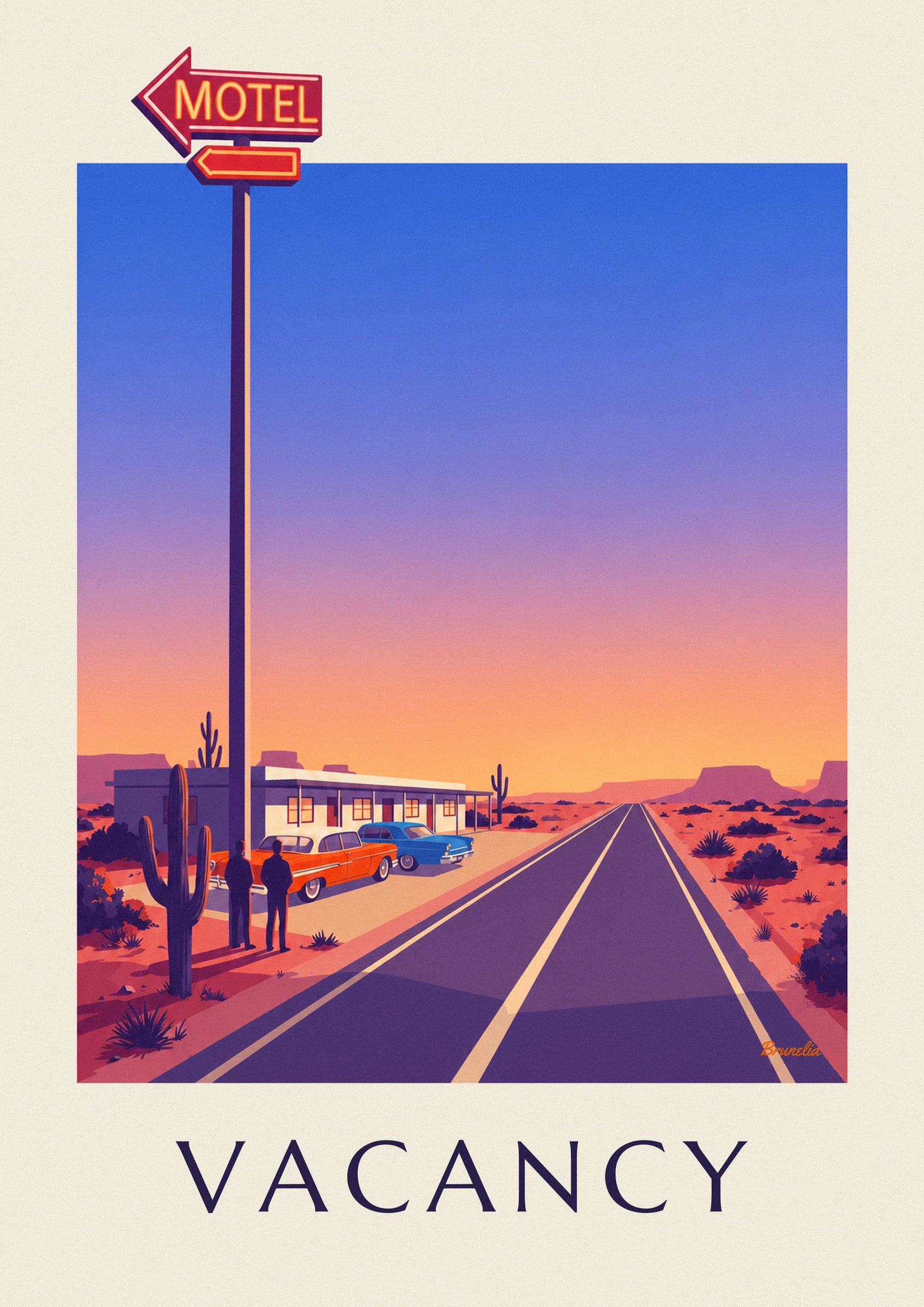 Poster Neonschild eines Motels an einer Wüstenstraße: Detail in Nahaufnahme