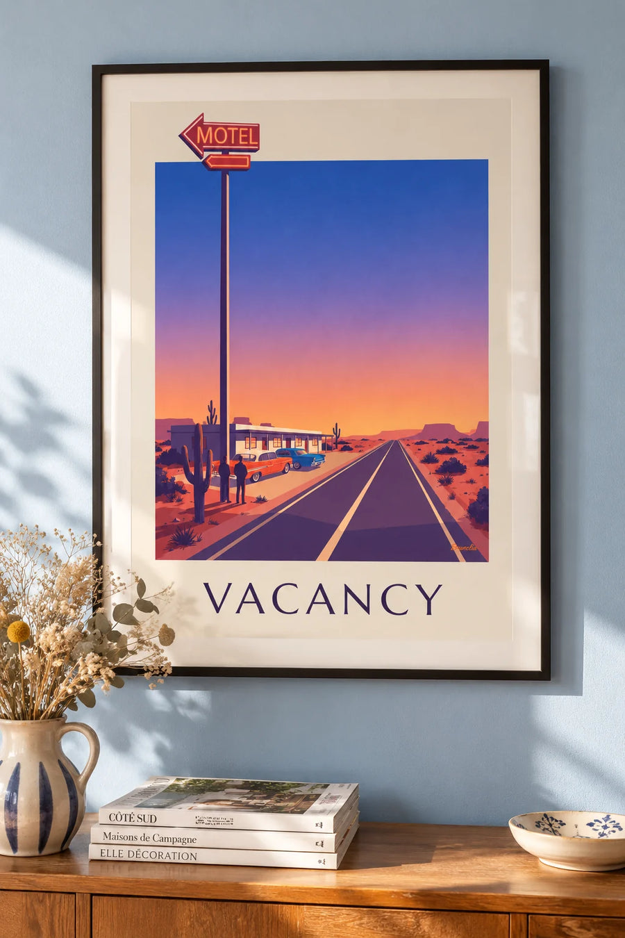 Poster Neonschild eines Motels an einer Wüstenstraße: gerahmt an der Wand