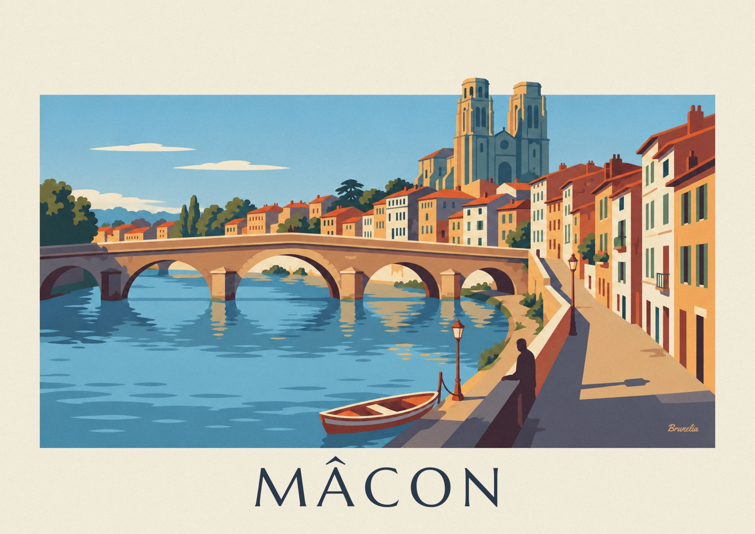 The arches of pont Saint-Laurent over blue water, in front of houses with red roofs