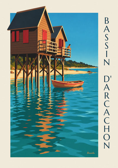 Poster Stelzenhäuser am Bassin d’Arcachon in der Abenddämmerung: das ganze Poster