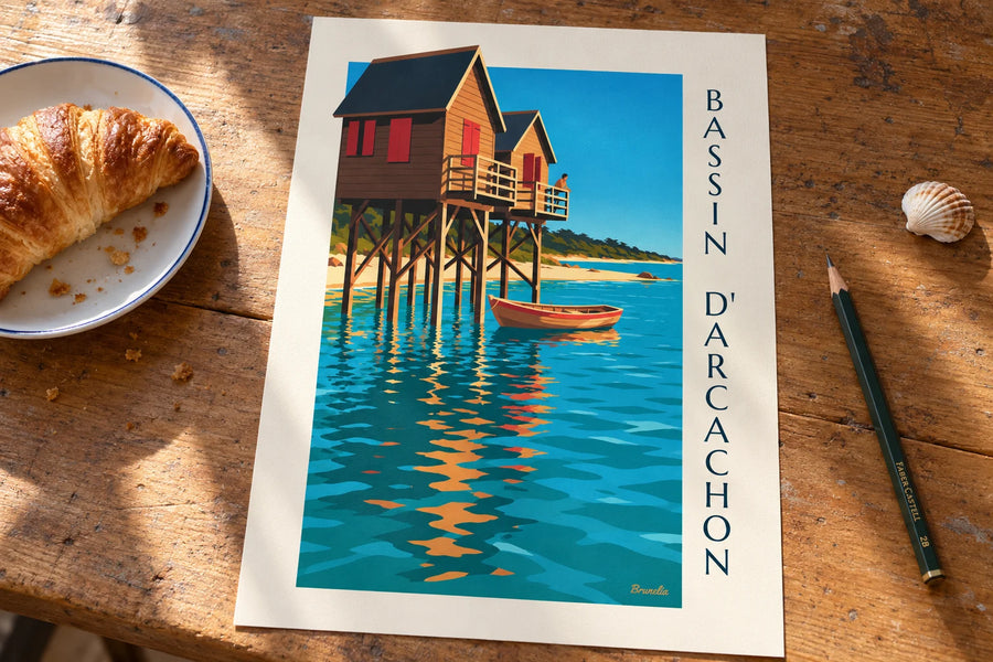 Poster Stelzenhäuser am Bassin d’Arcachon in der Abenddämmerung: auf einem Tisch abgestellt