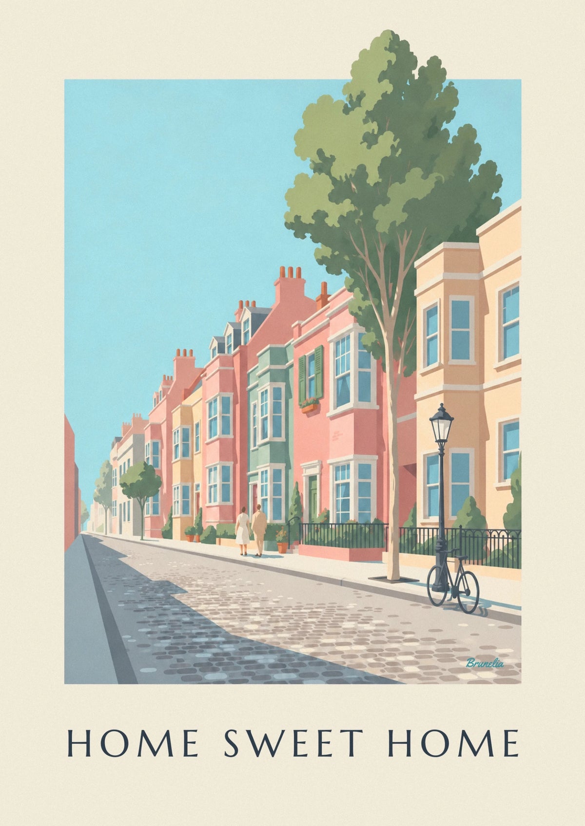 Poster Straße mit bunten Reihenhäusern und Vorgärten