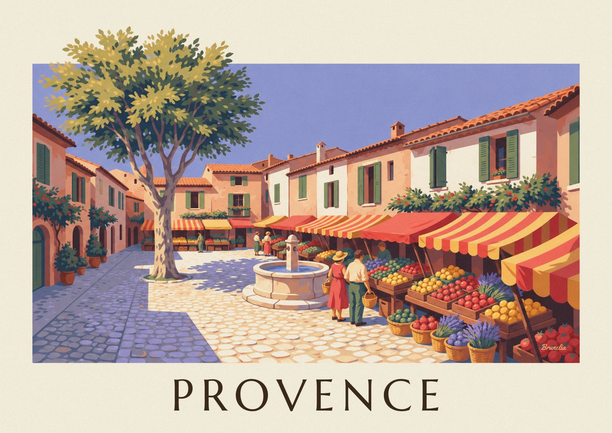 Affiche marché provençal avec étals de fruits et légumes