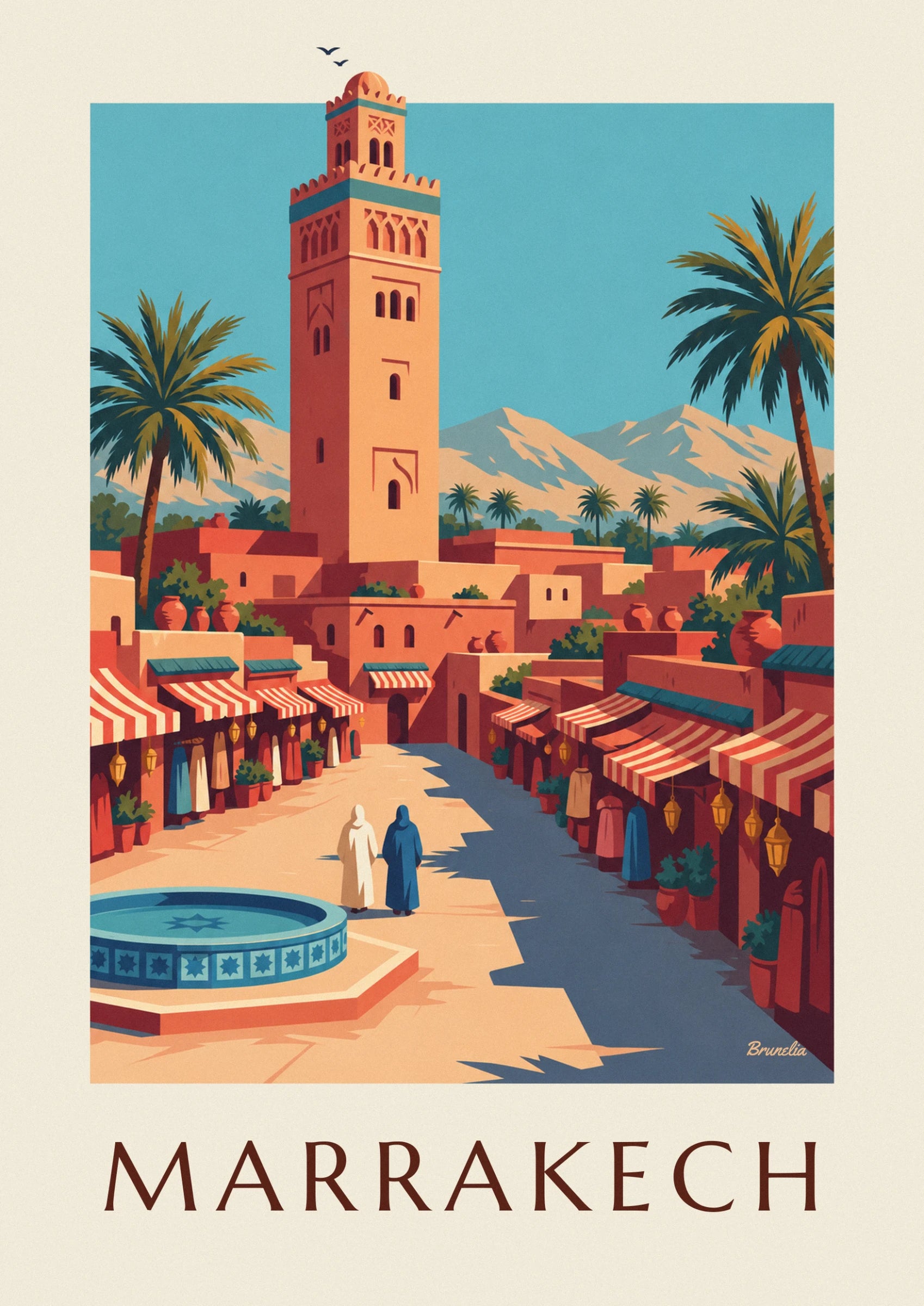 Le minaret de la Koutoubia en grès ocre, ses arcatures et ses palmiers devant l'Atlas