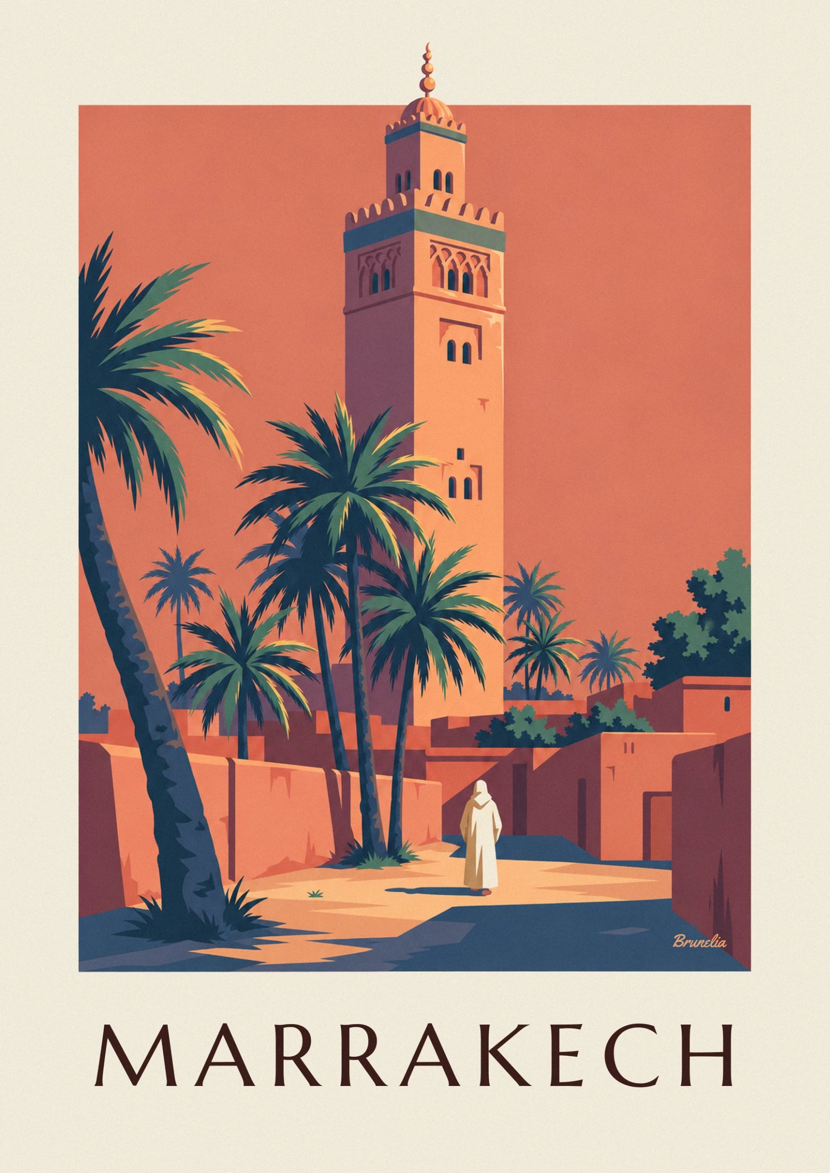 The pink sandstone minaret of the Koutoubia and its ornate arches beneath the evening sky