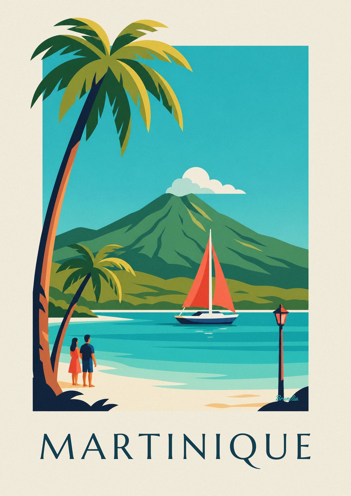 Martinique cove sailboat and Mount Pelée poster