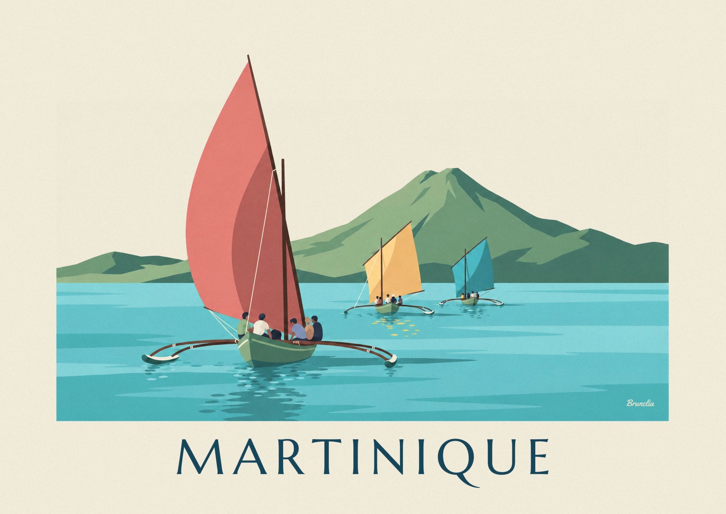 Skiffs with yellow and blue sails on turquoise water, below the hills of Martinique