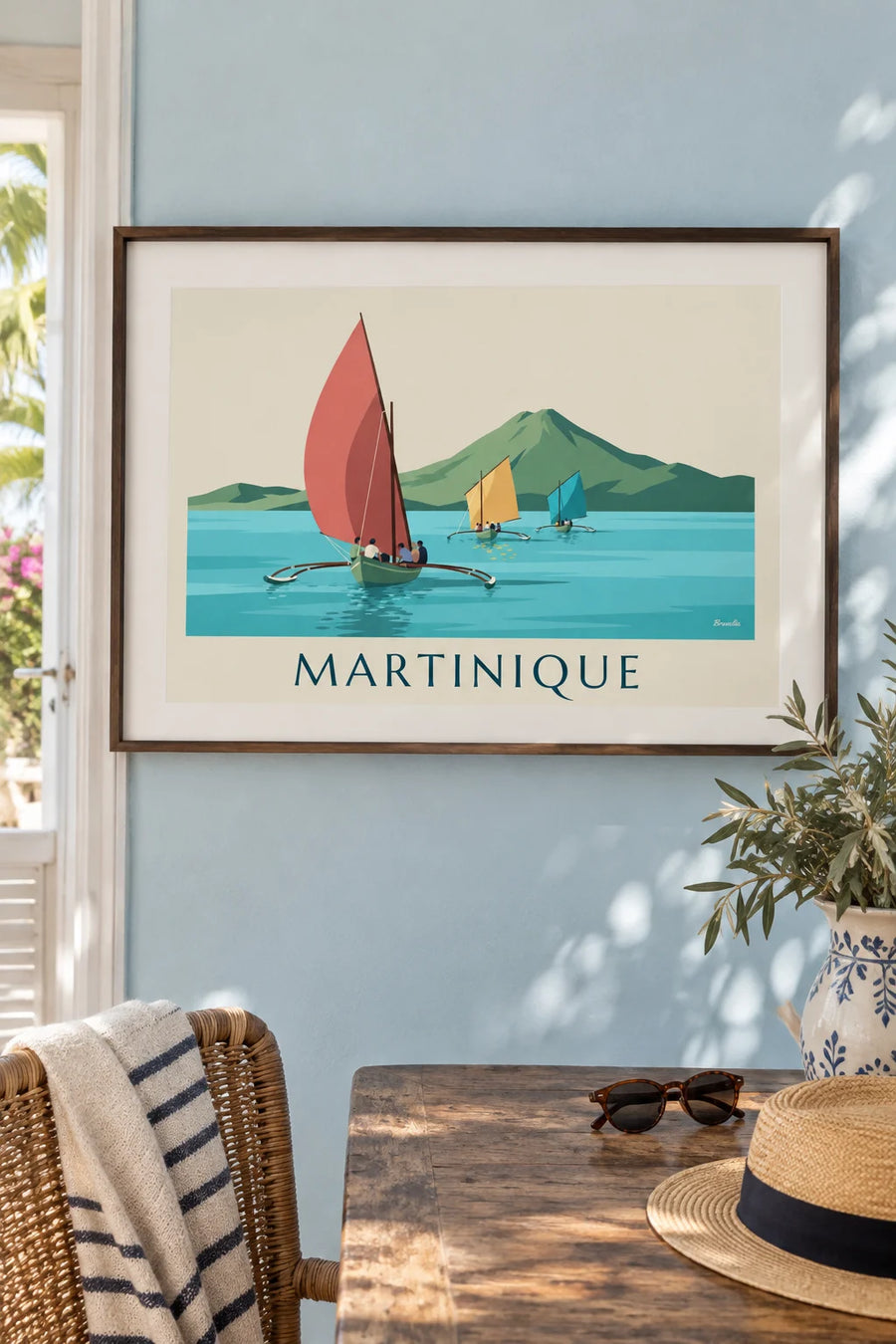 Poster of round yoles racing off Martinique: framed on the wall