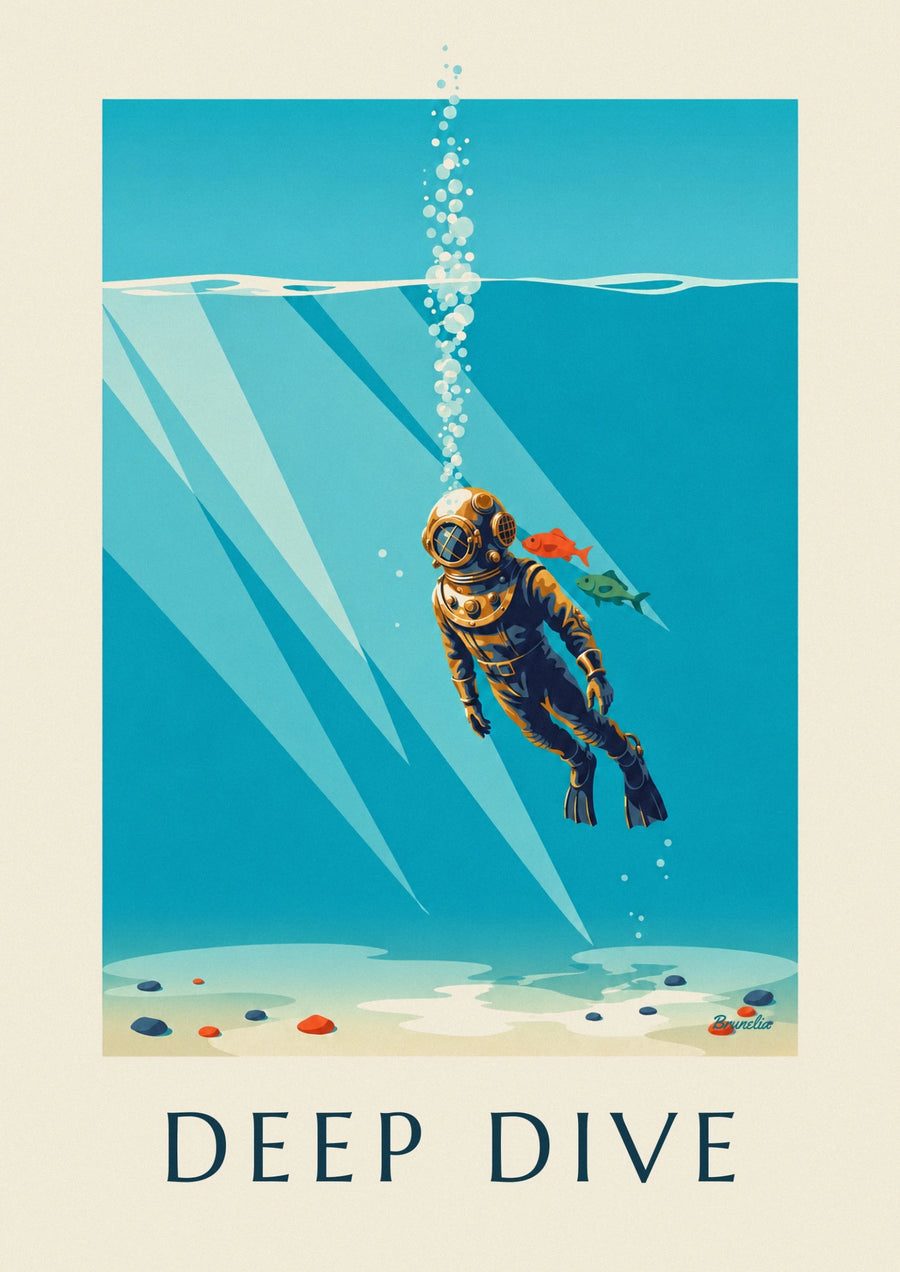 Poster Taucher mit Kupferhelm beim Eintauchen ins Meer