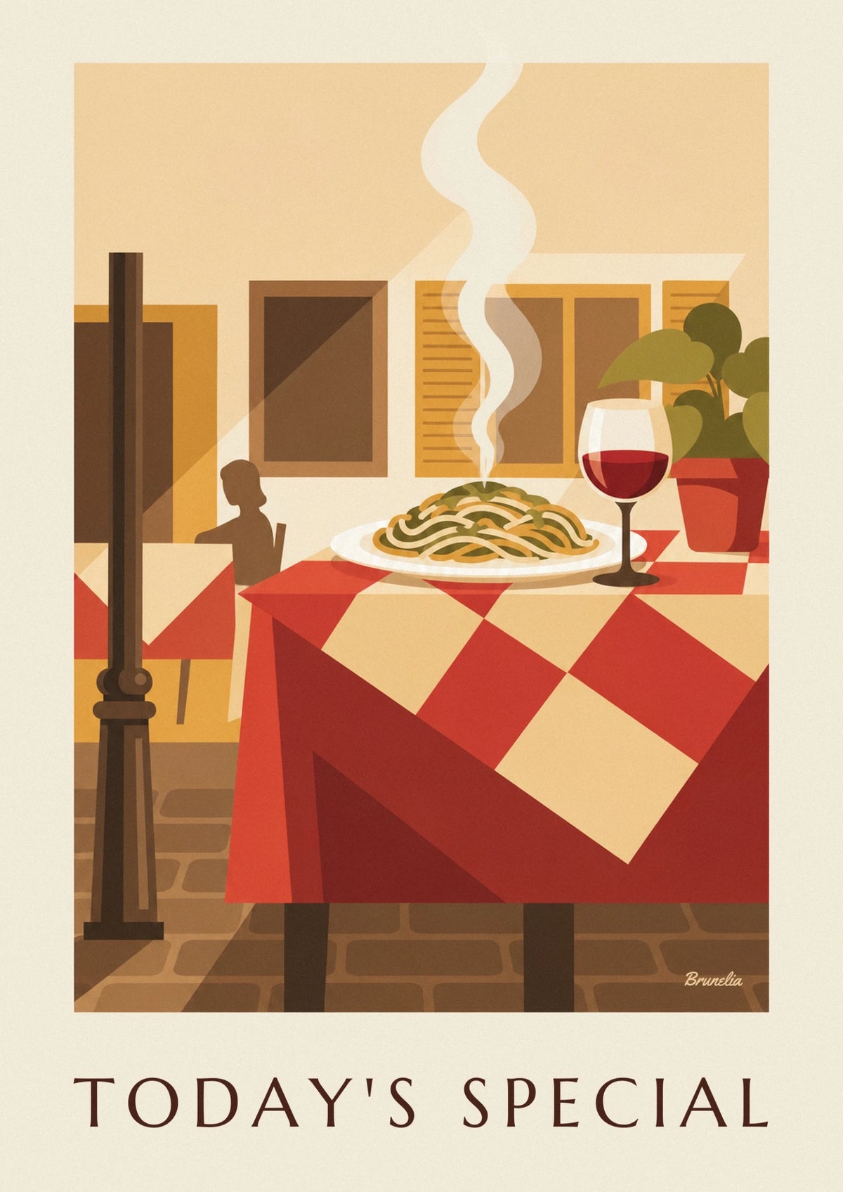 Poster Terrassentisch mit Spaghetti und einem Glas Rotwein