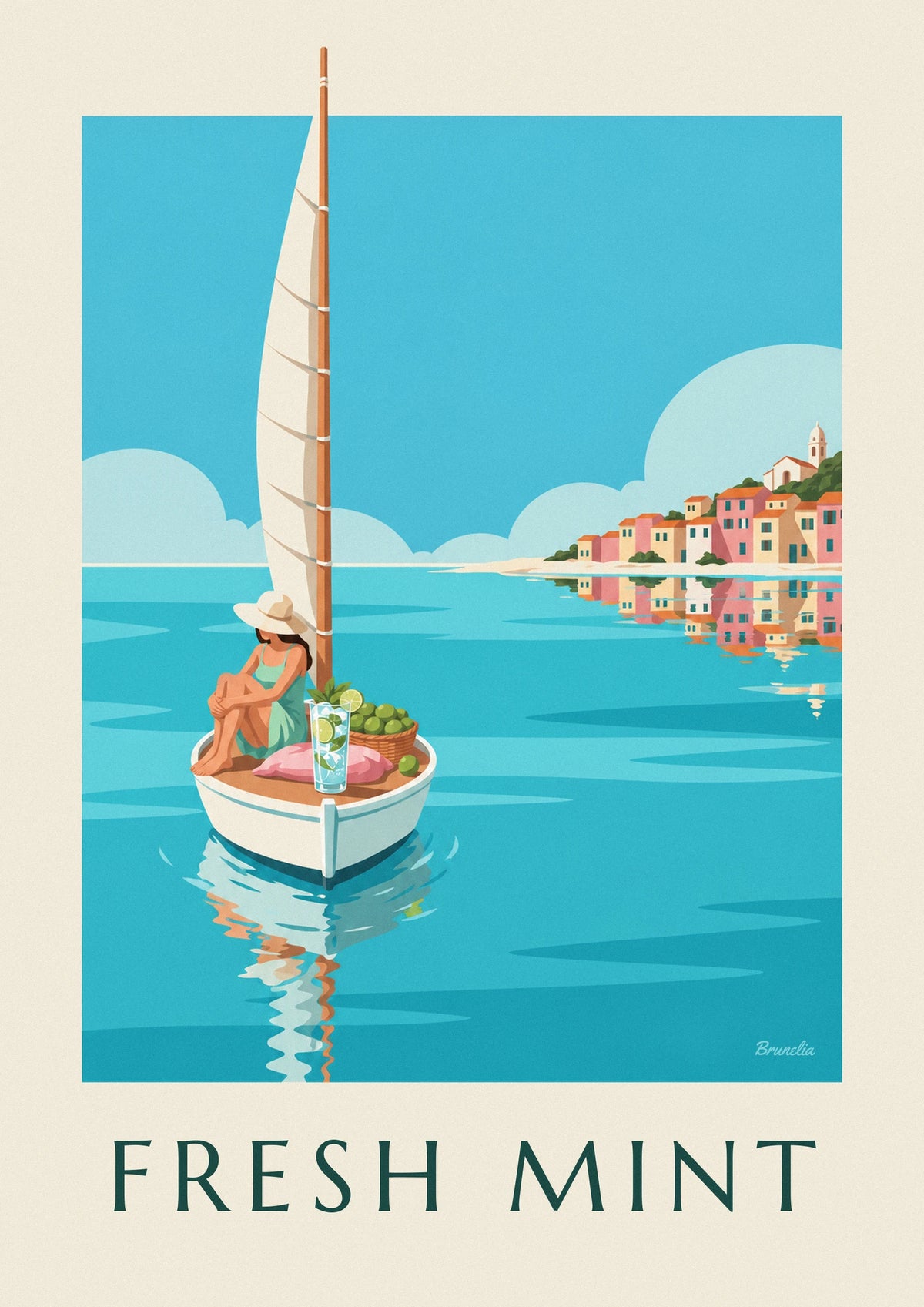 Poster Mojito auf einem kleinen Segelboot in einer türkisfarbenen Bucht