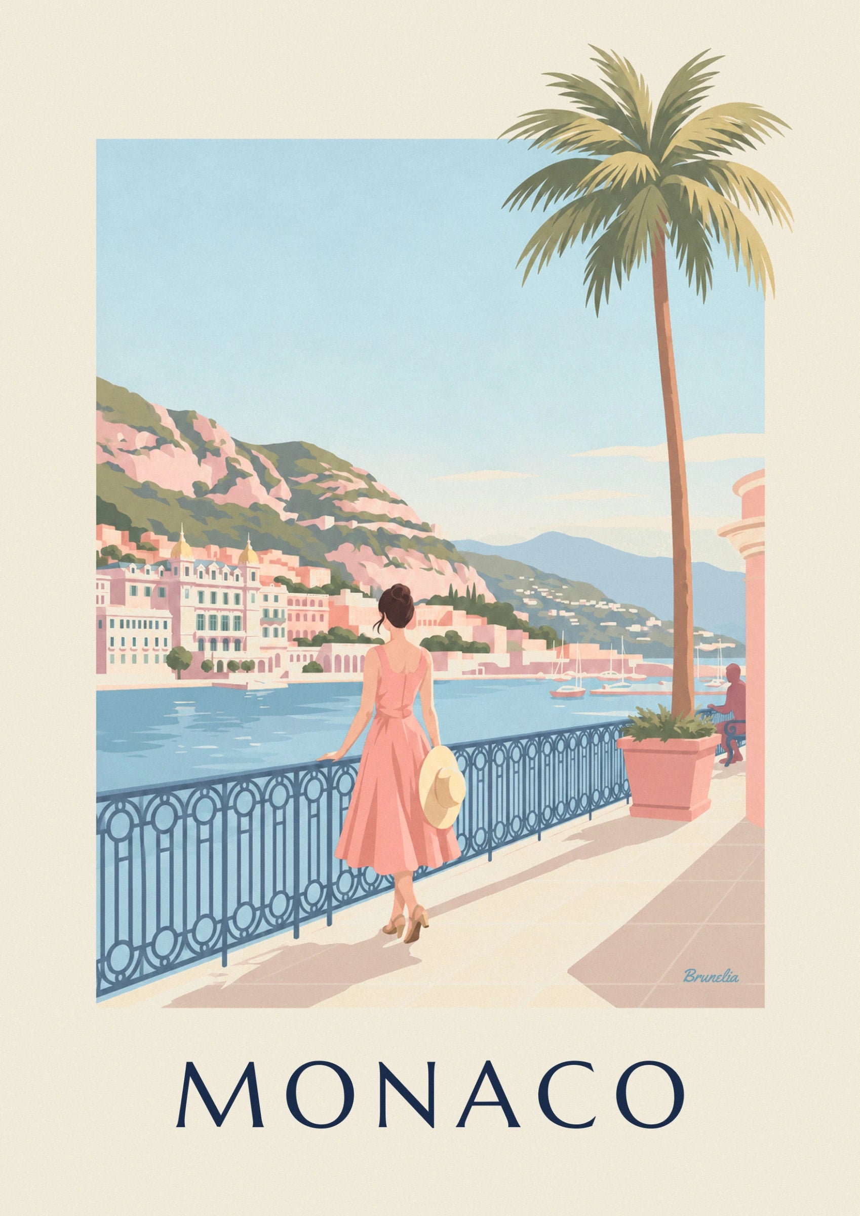 Woman in a pink dress, straw hat in hand, facing the bay and its pink façades
