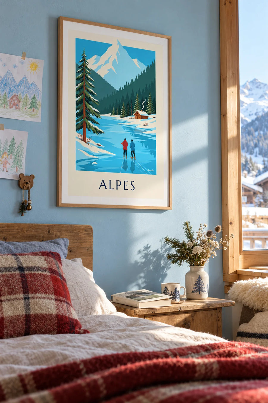 Poster mit blumengeschmückten Kühen am Ufer eines Alpensees im Herbst: gerahmt an der Wand