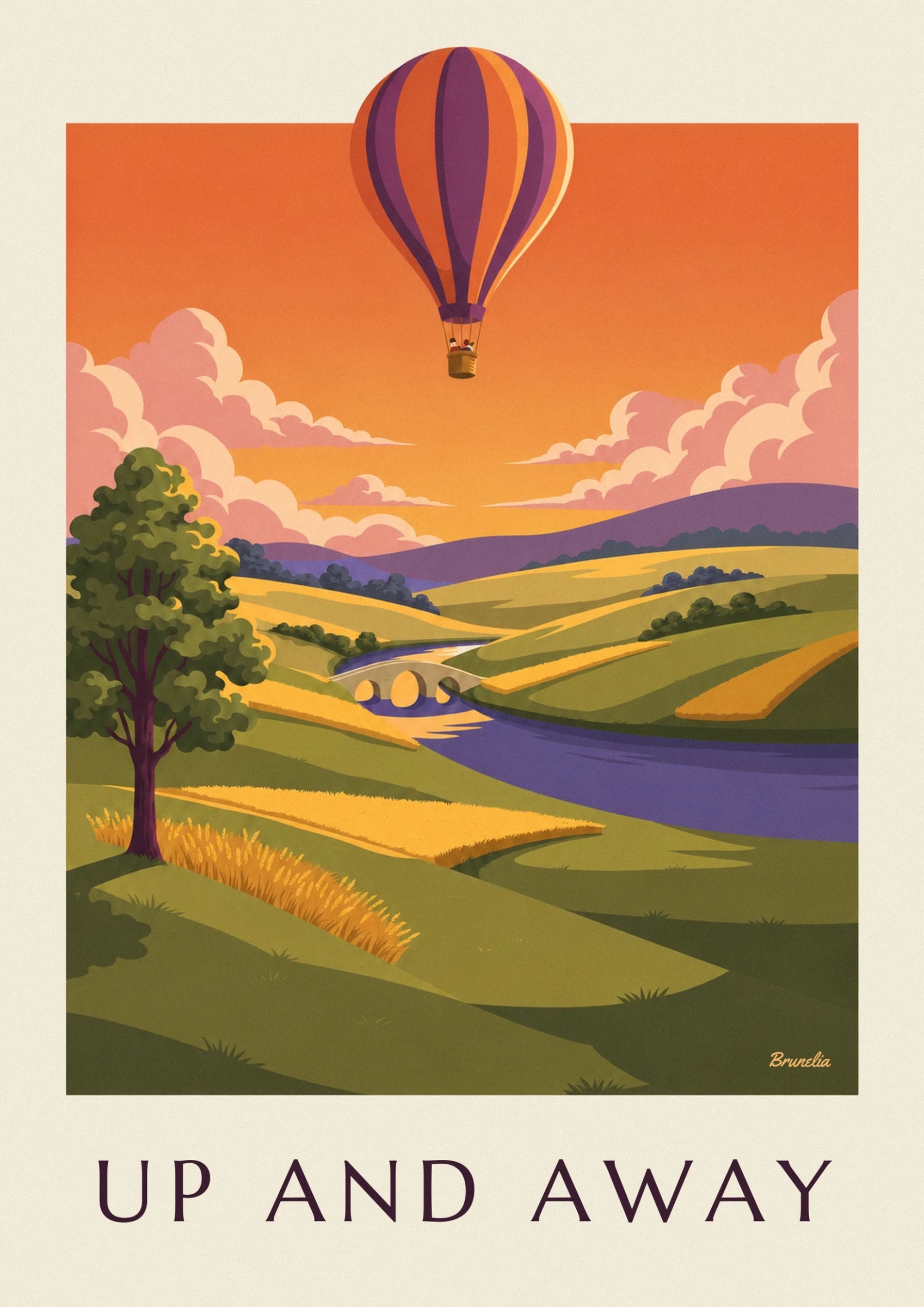 Der Heißluftballon mit orangefarbenen und violetten Streifen und 2 Passagieren im Korb