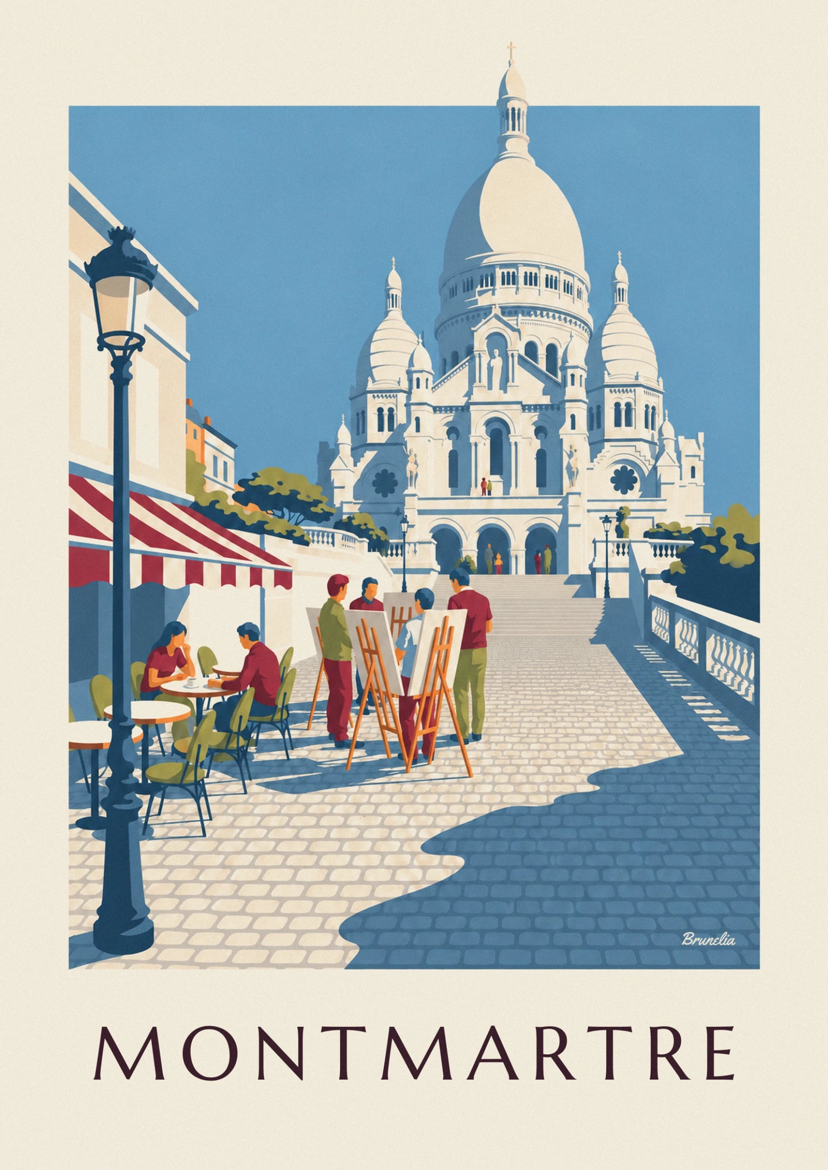 Le Sacré-Cœur blanc et ses coupoles sur un ciel bleu uni