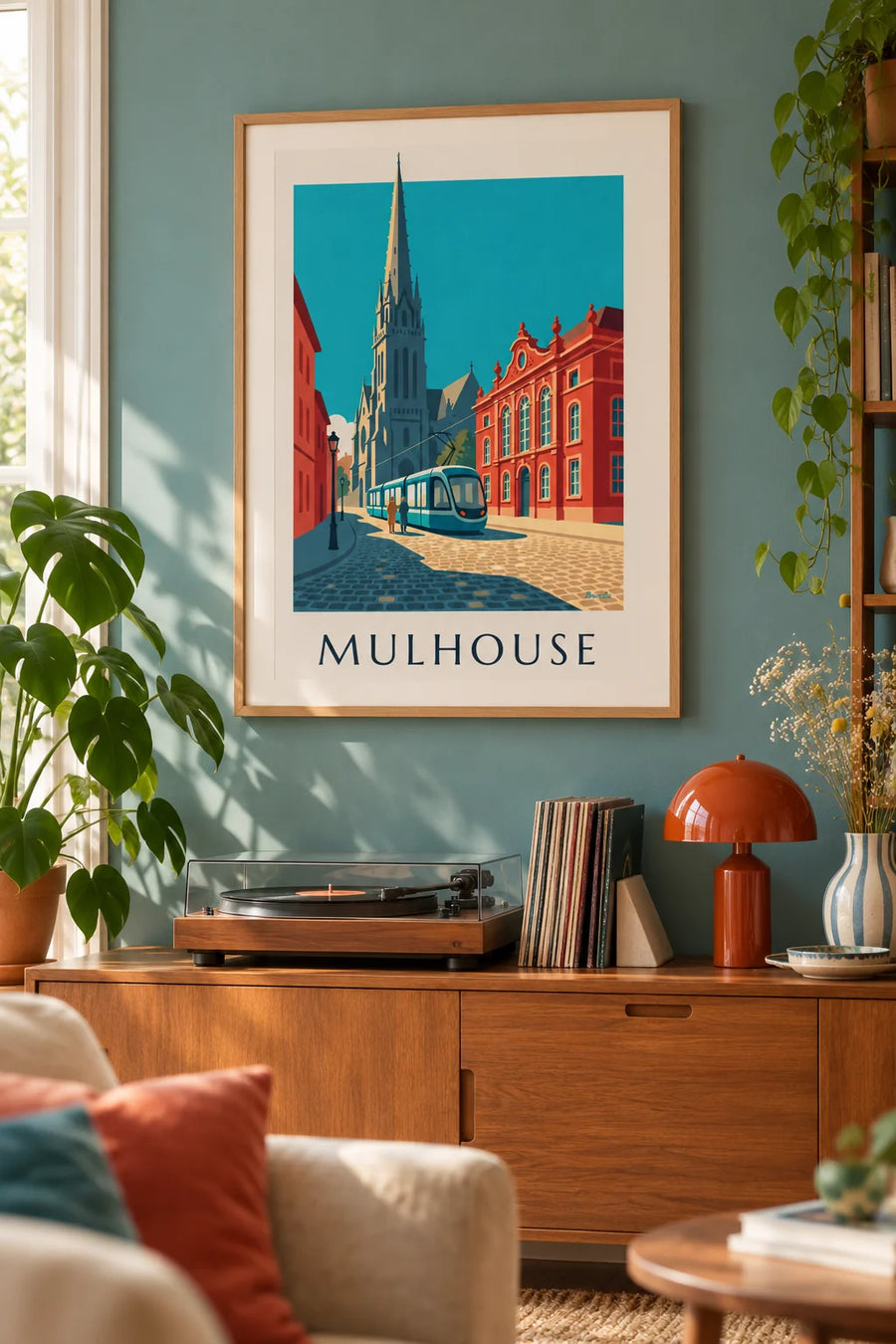Poster Straßenbahn und Rathaus von Mülhausen, Place de la Réunion : gerahmt an der Wand