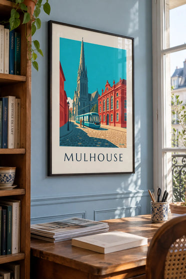 Poster Straßenbahn und Rathaus von Mülhausen, Place de la Réunion: gerahmt an der Wand