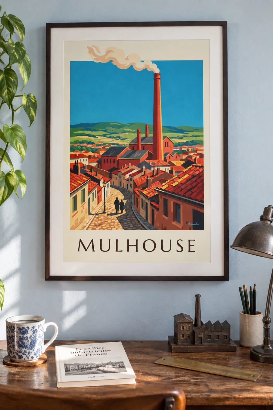 Poster Mülhausen als Industriestadt mit Fabrikschornsteinen: gerahmt an der Wand