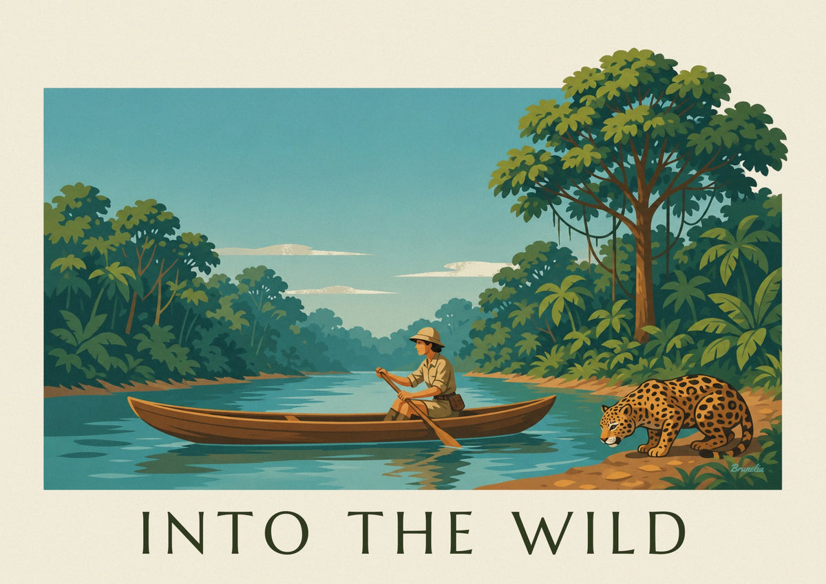 Poster Entdeckerin im Einbaum und Jaguar im Amazonas
