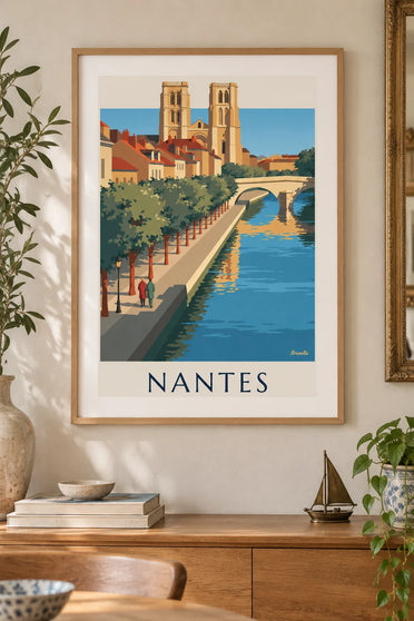 Affiche cathédrale de Nantes et pont sur la Loire : encadrée au mur