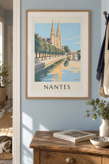 Poster of Nantes cathedral and a bridge over the Loire: framed on the wall