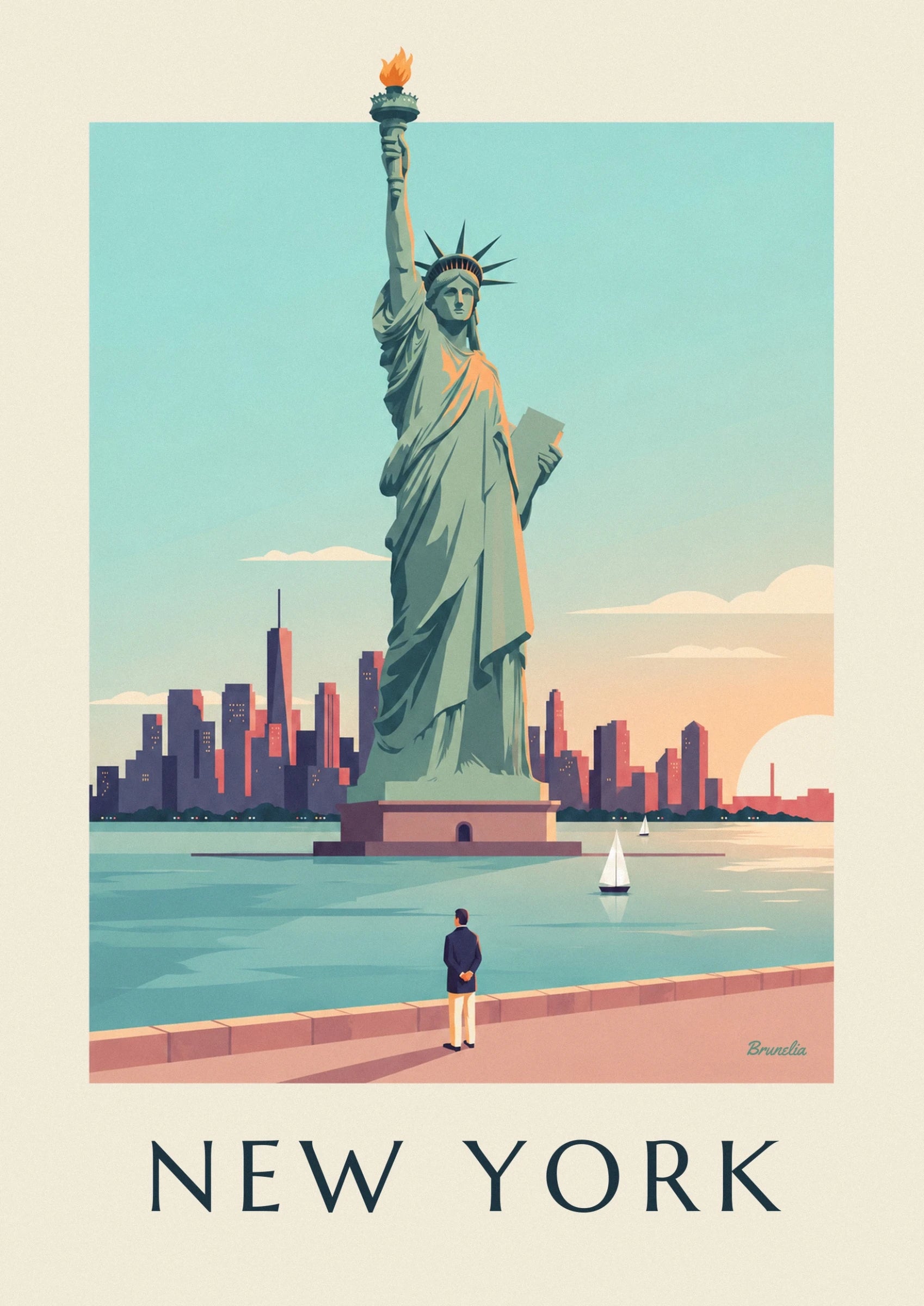 La statue de la Liberté couronnée, sa tablette à la main et sa robe vert cuivré