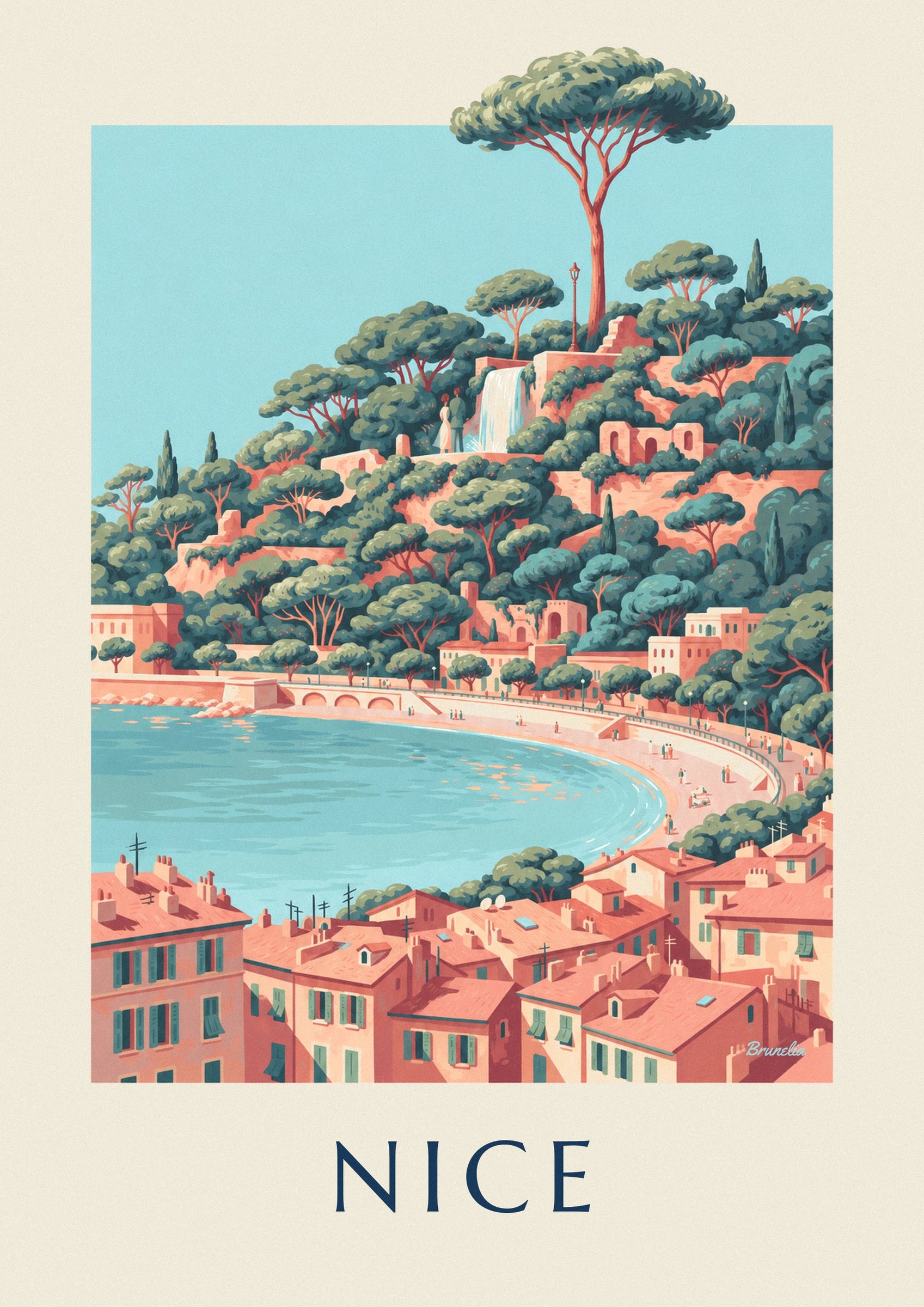 Château Hill waterfall and Baie des Anges in Nice poster: close-up detail