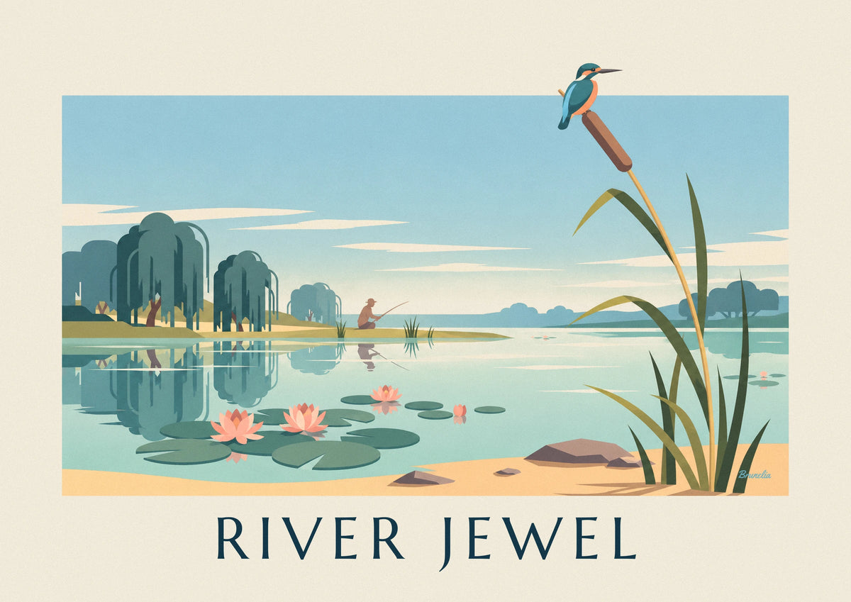 Poster Eisvogel auf einem Rohrkolben am Teich