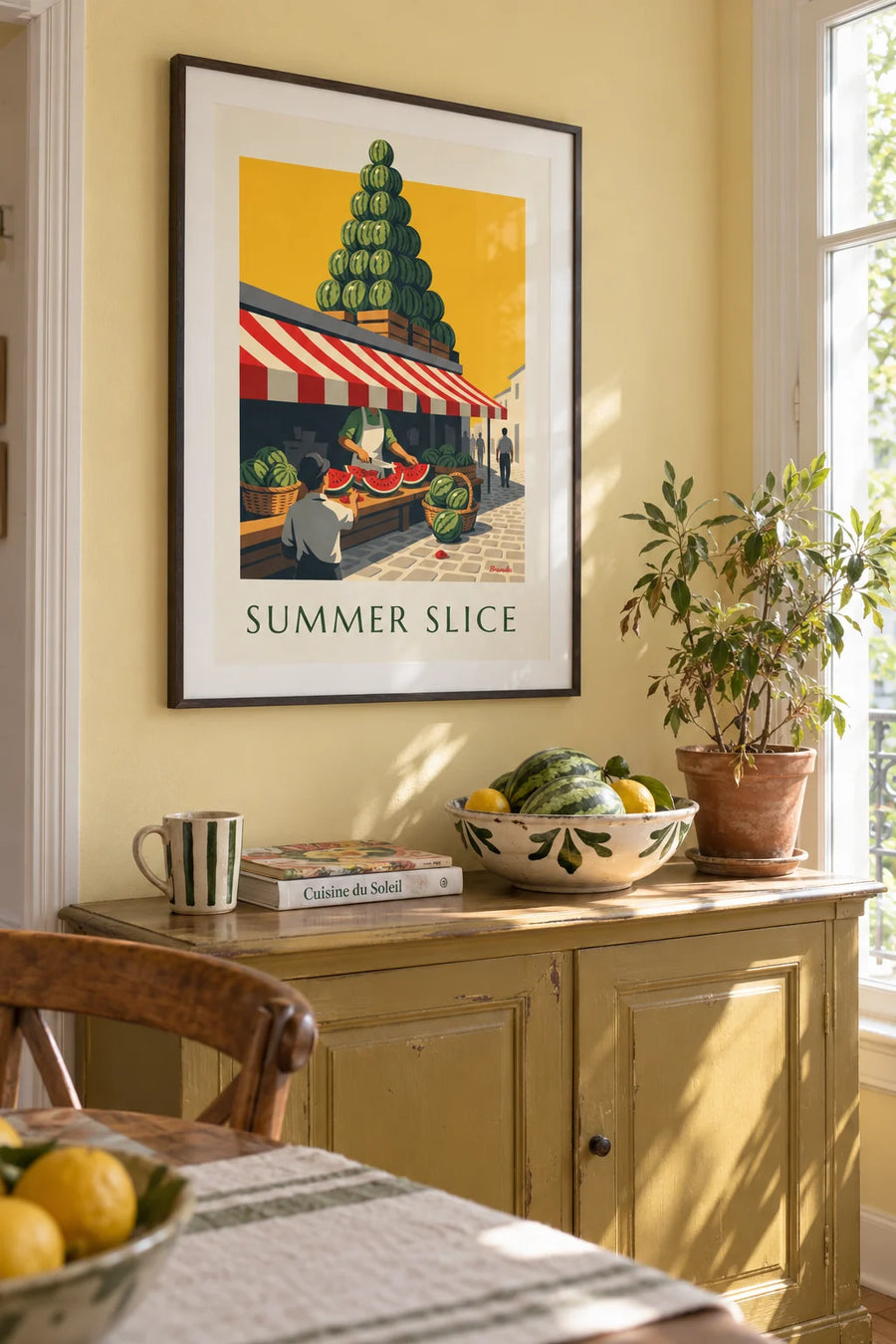 Poster of a watermelon cut into wedges on a market stall: framed on the wall