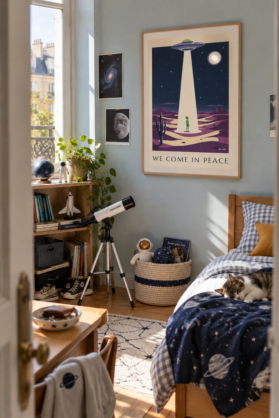 Poster of a UFO, alien and flying saucer in the desert: framed on the wall